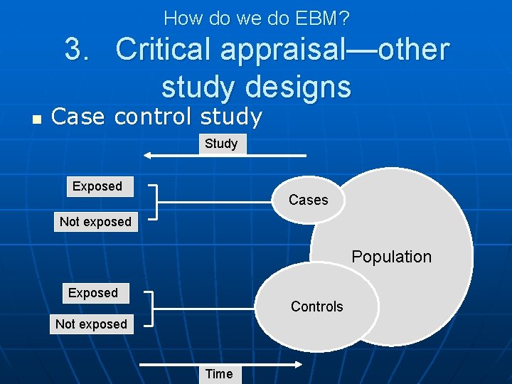 How do we do EBM? 3. Critical appraisal—other study designs n Case control study