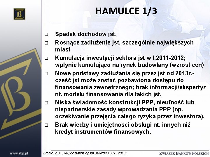 HAMULCE 1/3 q q q Spadek dochodów jst, Rosnące zadłużenie jst, szczególnie największych miast