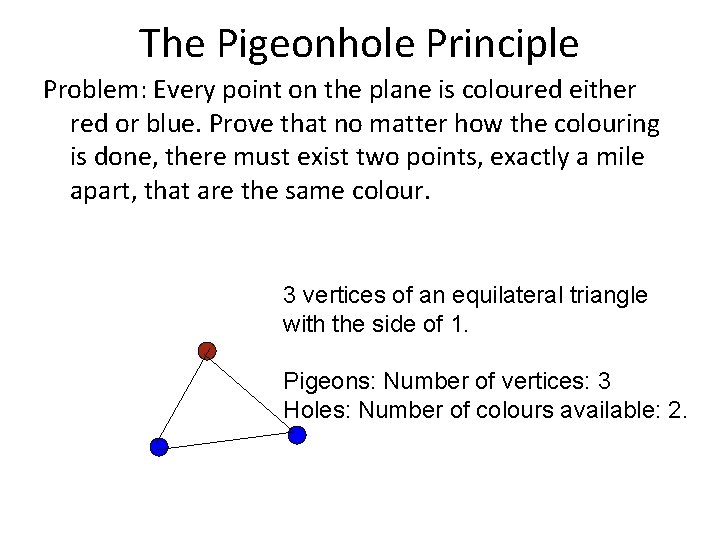 The Pigeonhole Principle Problem: Every point on the plane is coloured either red or