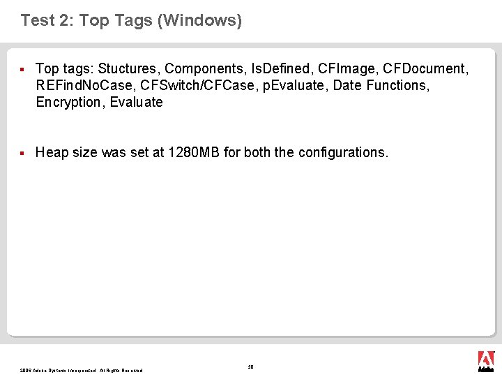 Test 2: Top Tags (Windows) § Top tags: Stuctures, Components, Is. Defined, CFImage, CFDocument,
