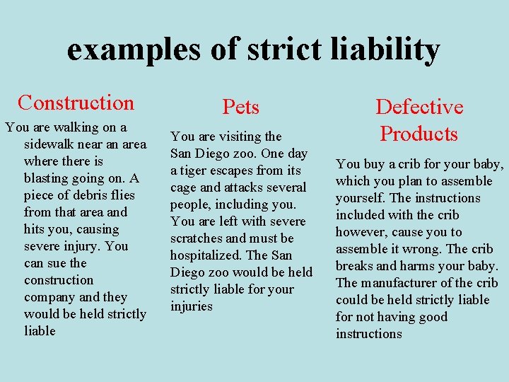 examples of strict liability Construction You are walking on a sidewalk near an area
