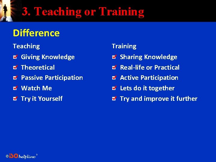 3. Teaching or Training Difference Teaching Giving Knowledge Theoretical Passive Participation Watch Me Try