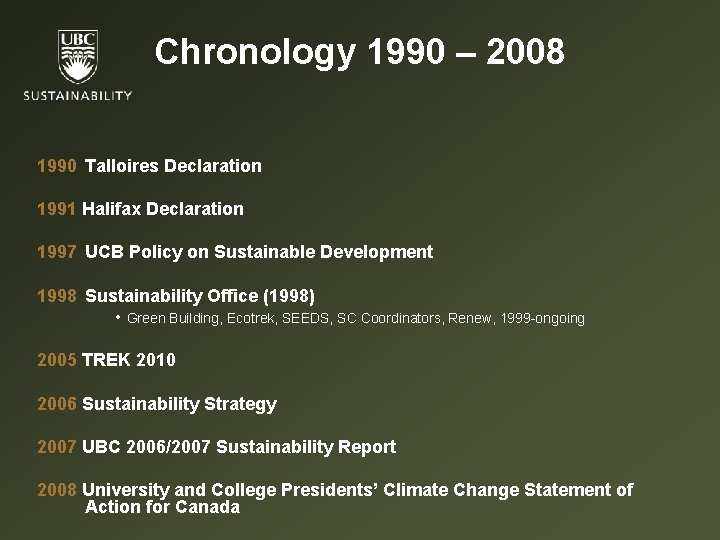 Chronology 1990 – 2008 1990 Talloires Declaration 1991 Halifax Declaration 1997 UCB Policy on