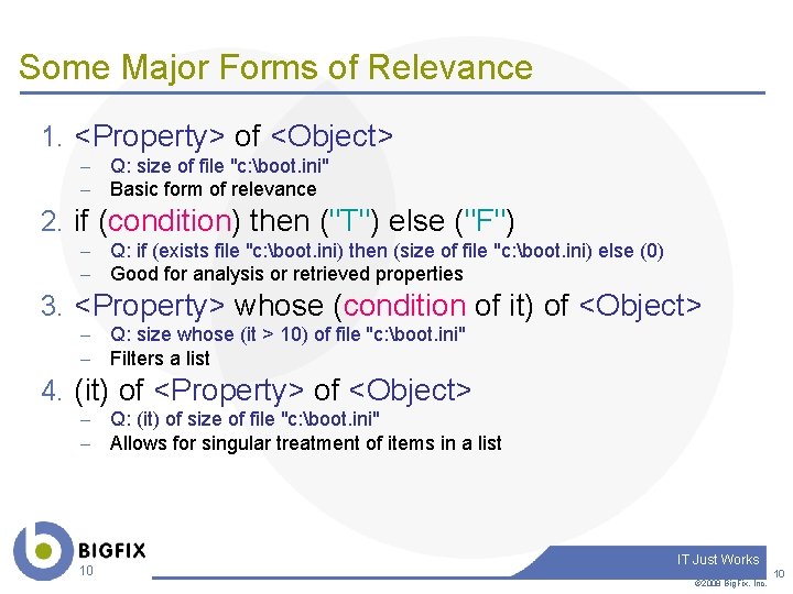 Some Major Forms of Relevance 1. <Property> of <Object> – – Q: size of