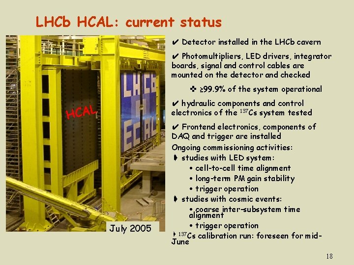 LHCb HCAL: current status ✔ Detector installed in the LHCb cavern ✔ Photomultipliers, LED