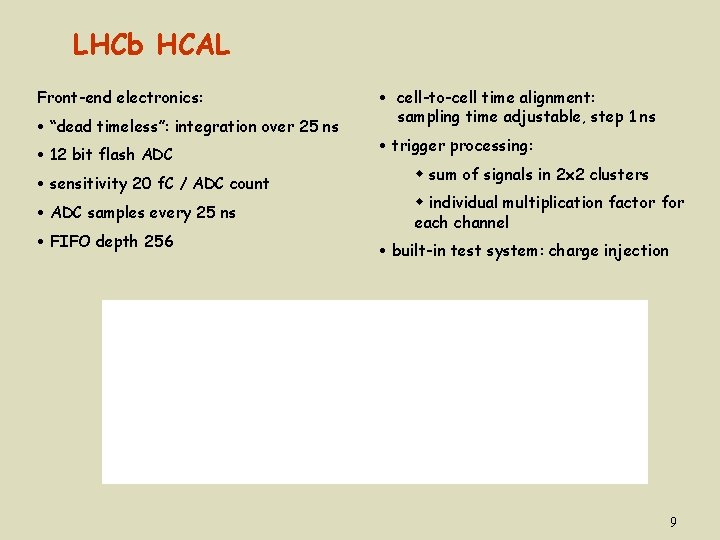 LHCb HCAL Front-end electronics: “dead timeless”: integration over 25 ns 12 bit flash ADC