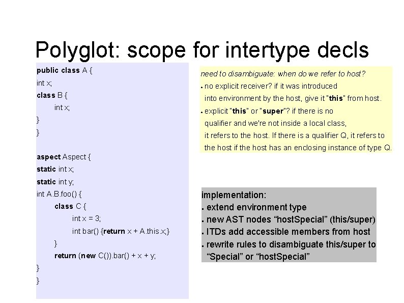 Polyglot: scope for intertype decls public class A { int x; need to disambiguate: