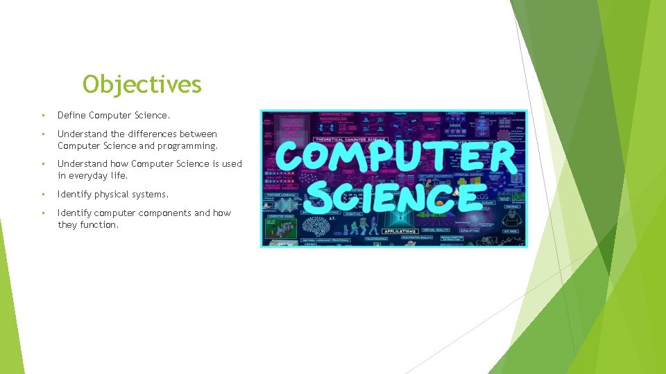 Objectives • Define Computer Science. • Understand the differences between Computer Science and programming.