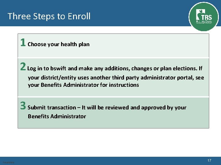 Three Steps to Enroll 1 Choose your health plan 2 Log in to bswift