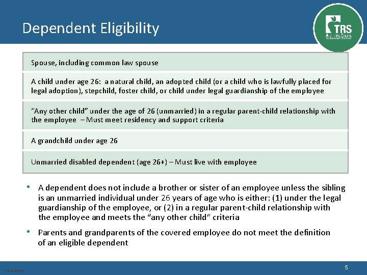 Dependent Eligibility Spouse, including common law spouse A child under age 26: a natural