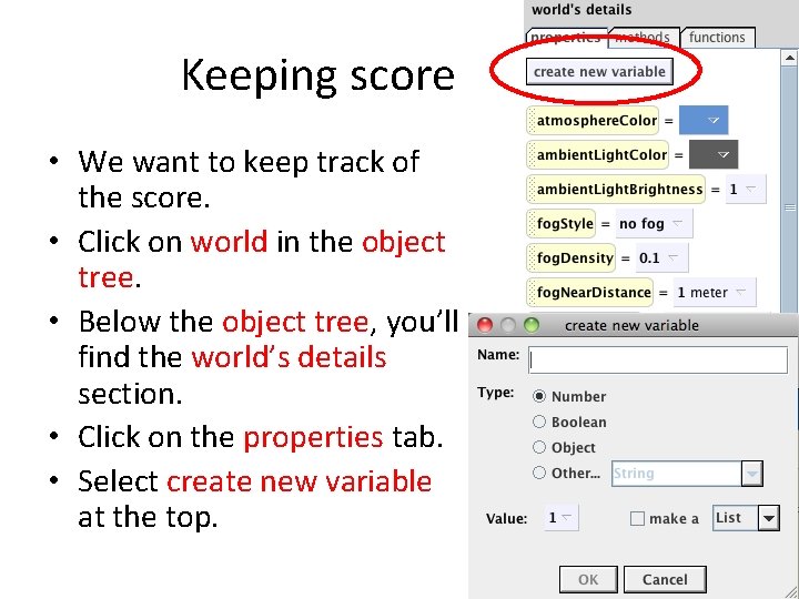 Keeping score • We want to keep track of the score. • Click on