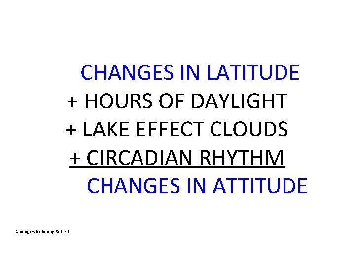 CHANGES IN LATITUDE + HOURS OF DAYLIGHT + LAKE EFFECT CLOUDS + CIRCADIAN RHYTHM