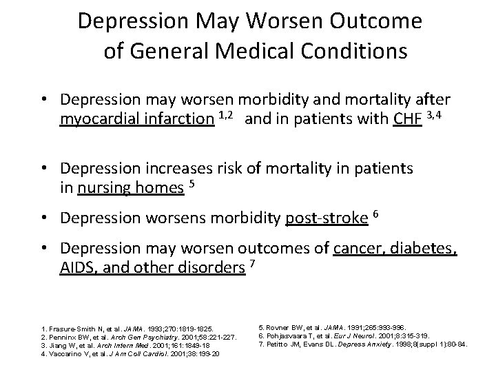Depression May Worsen Outcome of General Medical Conditions • Depression may worsen morbidity and