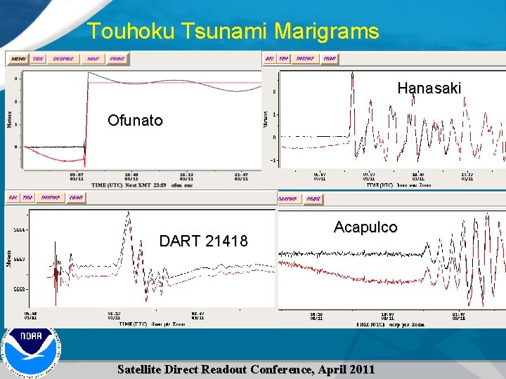 Touhoku Tsunami Marigrams Hanasaki Ofunato DART 21418 Acapulco Satellite Direct Readout Conference, April 2011