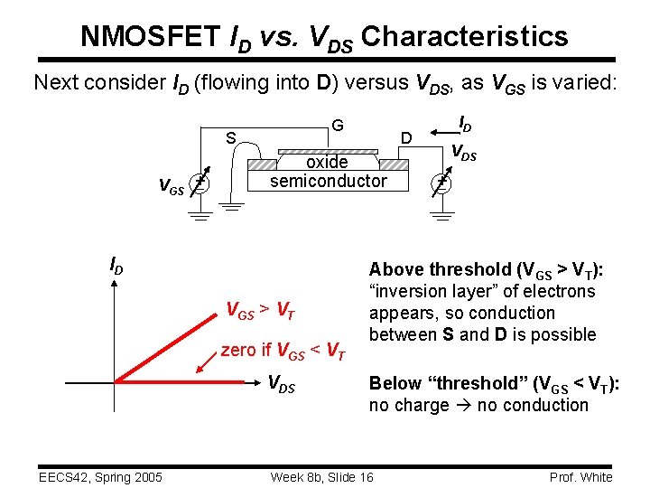 NMOSFET ID vs. VDS Characteristics Next consider ID (flowing into D) versus VDS, as