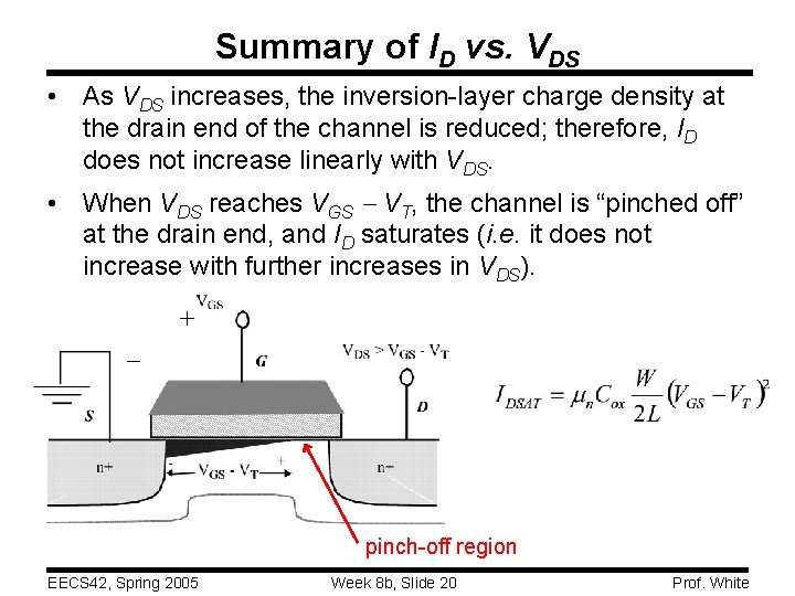 Summary of ID vs. VDS • As VDS increases, the inversion-layer charge density at