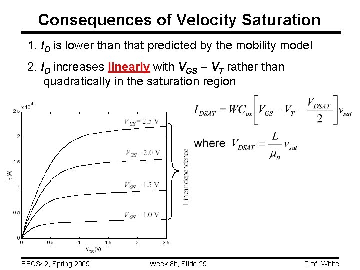 Consequences of Velocity Saturation 1. ID is lower than that predicted by the mobility