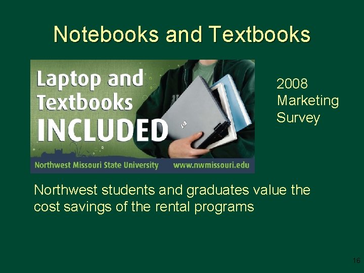 Notebooks and Textbooks 2008 Marketing Survey Northwest students and graduates value the cost savings