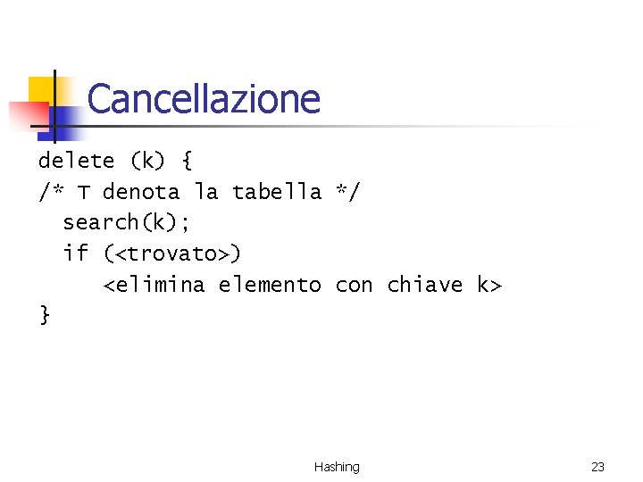 Cancellazione delete (k) { /* T denota la tabella */ search(k); if (<trovato>) <elimina