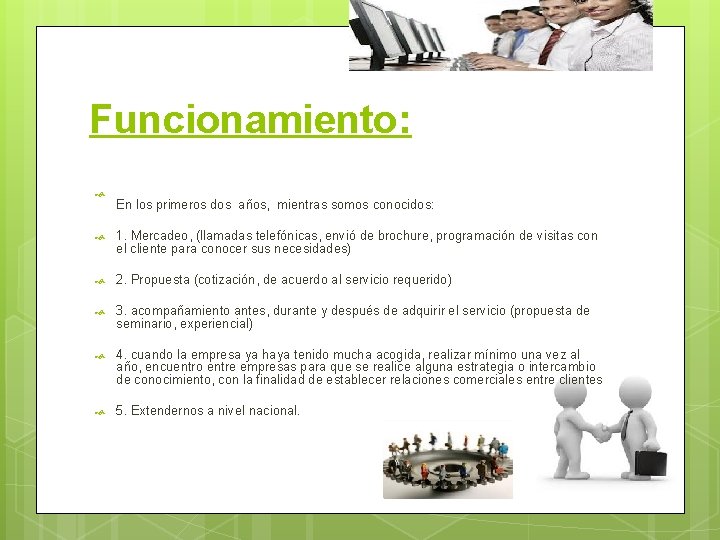 Funcionamiento: En los primeros dos años, mientras somos conocidos: 1. Mercadeo, (llamadas telefónicas, envió