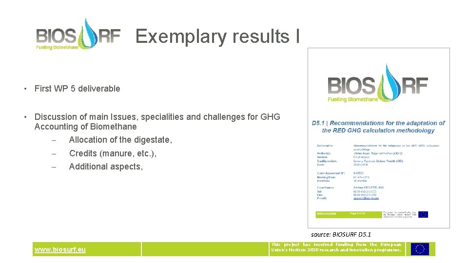 Exemplary results I • First WP 5 deliverable • Discussion of main Issues, specialities