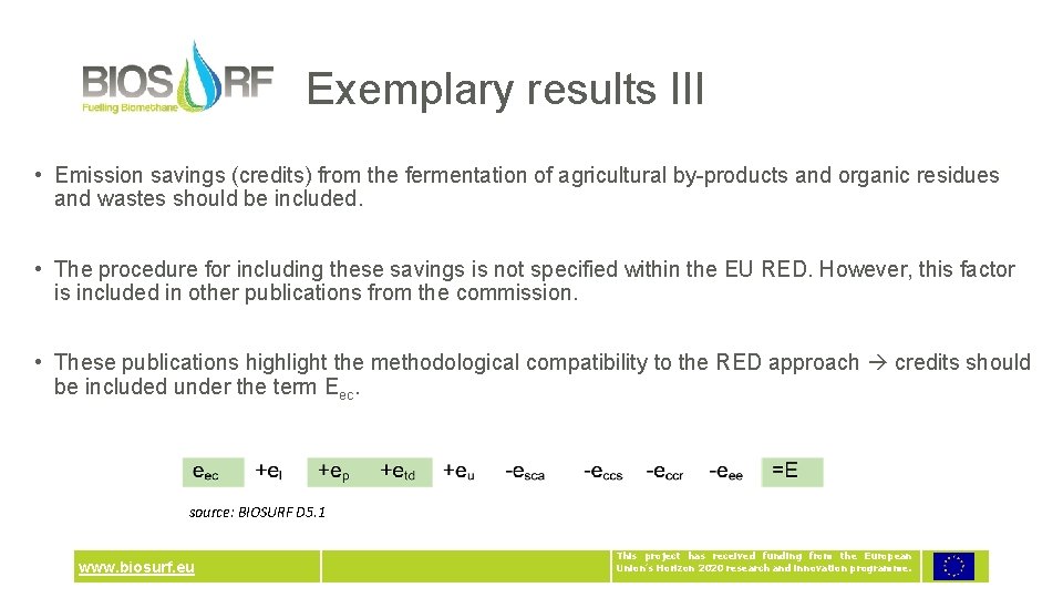 Exemplary results III • Emission savings (credits) from the fermentation of agricultural by-products and