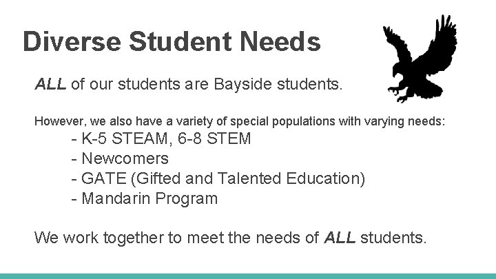 Diverse Student Needs ALL of our students are Bayside students. However, we also have