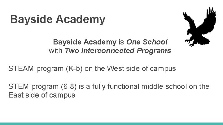 Bayside Academy is One School with Two Interconnected Programs STEAM program (K-5) on the
