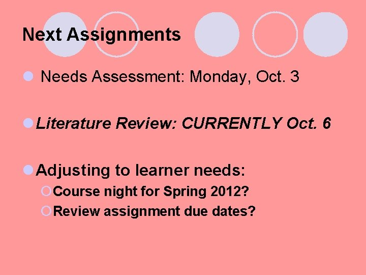 Next Assignments l Needs Assessment: Monday, Oct. 3 l Literature Review: CURRENTLY Oct. 6