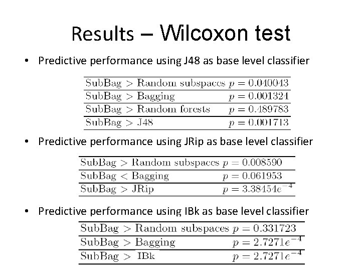 Results – Wilcoxon test • Predictive performance using J 48 as base level classifier