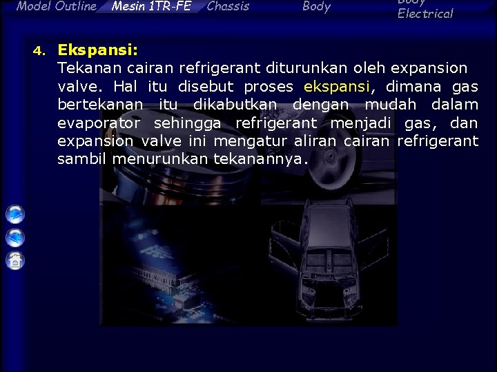 Model Outline 4. Mesin 1 TR-FE Chassis Body Electrical Ekspansi: Tekanan cairan refrigerant diturunkan