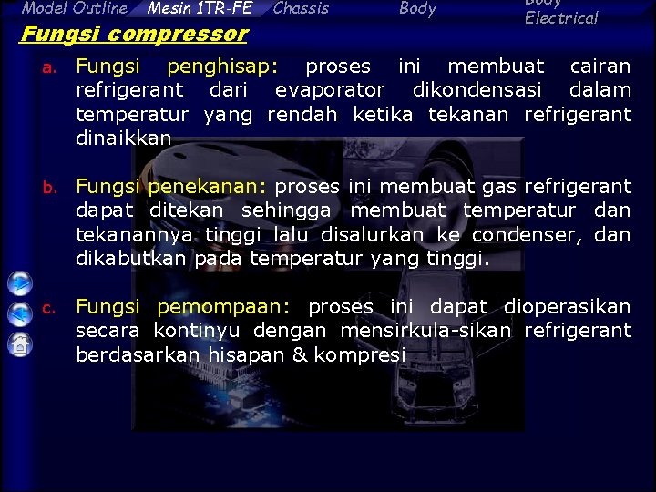 Model Outline Mesin 1 TR-FE Fungsi compressor Chassis Body Electrical a. Fungsi penghisap: proses