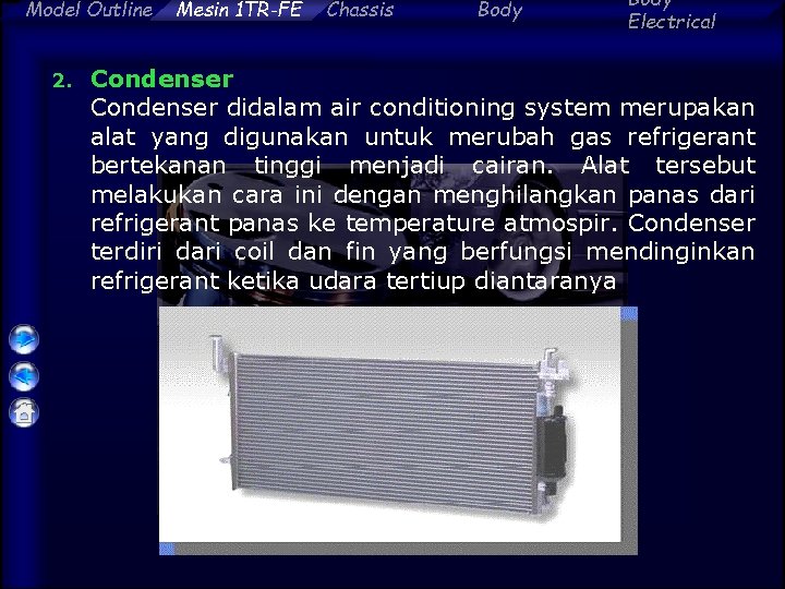 Model Outline 2. Mesin 1 TR-FE Chassis Body Electrical Condenser didalam air conditioning system