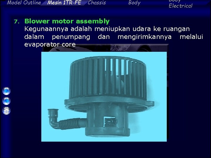 Model Outline 7. Mesin 1 TR-FE Chassis Body Electrical Blower motor assembly Kegunaannya adalah