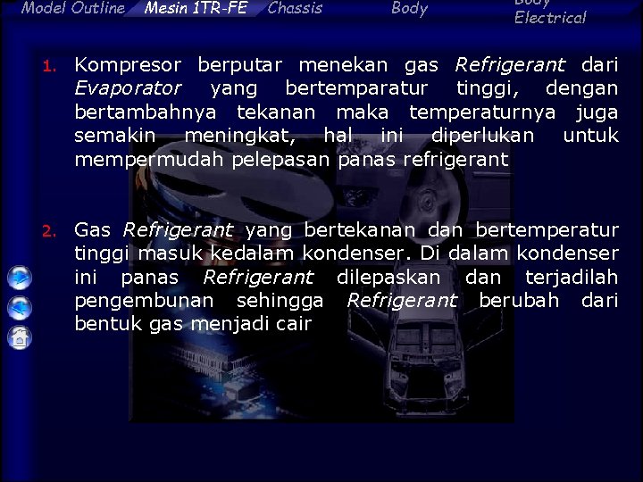 Model Outline Mesin 1 TR-FE Chassis Body Electrical 1. Kompresor berputar menekan gas Refrigerant