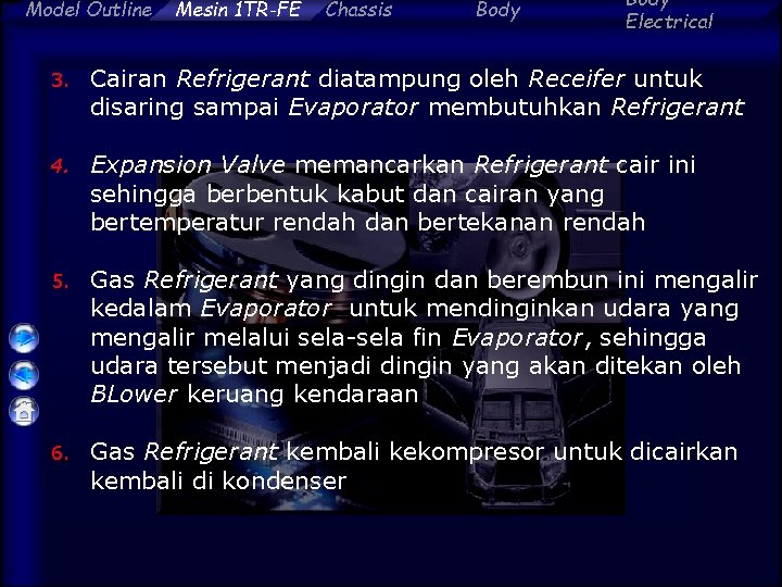 Model Outline Mesin 1 TR-FE Chassis Body Electrical 3. Cairan Refrigerant diatampung oleh Receifer