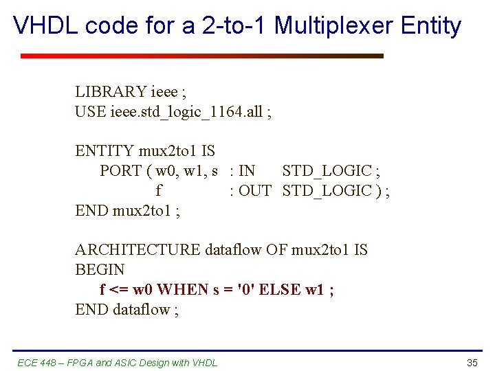 VHDL code for a 2 -to-1 Multiplexer Entity LIBRARY ieee ; USE ieee. std_logic_1164.