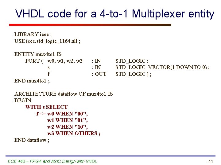 VHDL code for a 4 -to-1 Multiplexer entity LIBRARY ieee ; USE ieee. std_logic_1164.