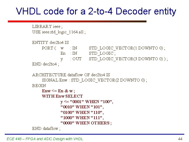 VHDL code for a 2 -to-4 Decoder entity LIBRARY ieee ; USE ieee. std_logic_1164.