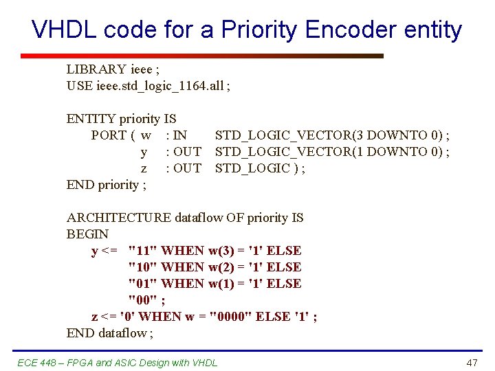VHDL code for a Priority Encoder entity LIBRARY ieee ; USE ieee. std_logic_1164. all