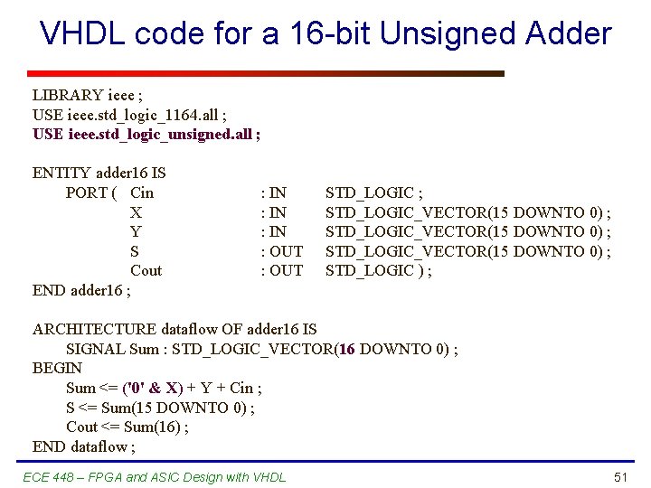 VHDL code for a 16 -bit Unsigned Adder LIBRARY ieee ; USE ieee. std_logic_1164.
