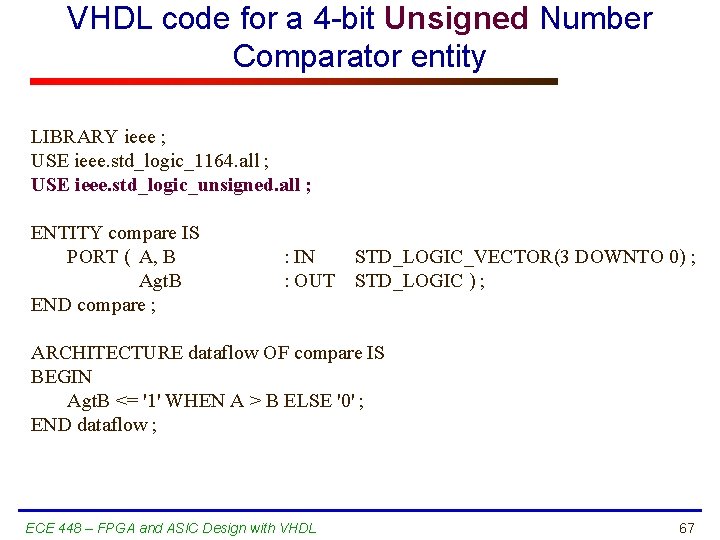 VHDL code for a 4 -bit Unsigned Number Comparator entity LIBRARY ieee ; USE