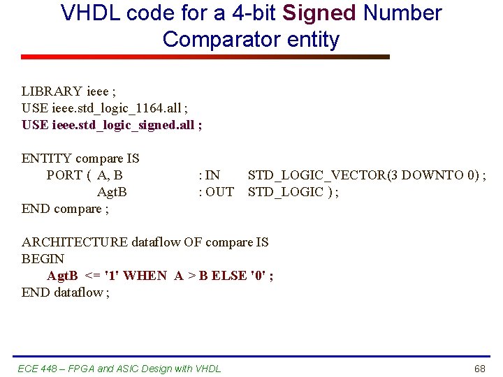 VHDL code for a 4 -bit Signed Number Comparator entity LIBRARY ieee ; USE