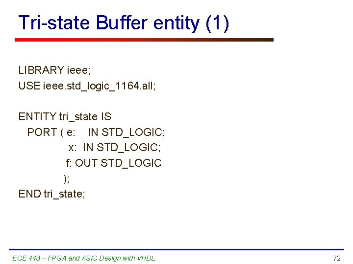 Tri-state Buffer entity (1) LIBRARY ieee; USE ieee. std_logic_1164. all; ENTITY tri_state IS PORT