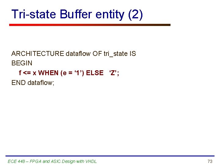 Tri-state Buffer entity (2) ARCHITECTURE dataflow OF tri_state IS BEGIN f <= x WHEN