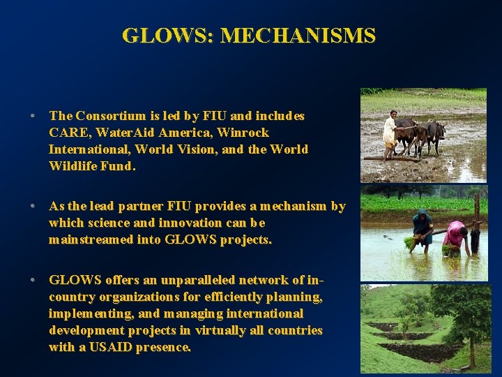 GLOWS: MECHANISMS • The Consortium is led by FIU and includes CARE, Water. Aid