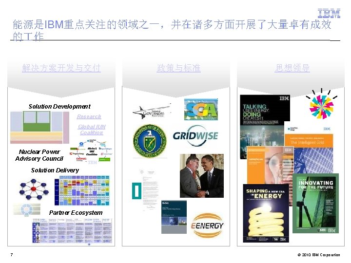 能源是IBM重点关注的领域之一，并在诸多方面开展了大量卓有成效 的 作 解决方案开发与交付 政策与标准 思想领导 Solution Development Research Global IUN Coalition Nuclear Power