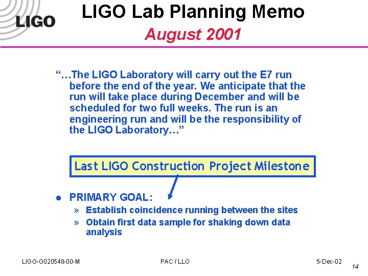 LIGO Lab Planning Memo August 2001 “…The LIGO Laboratory will carry out the E