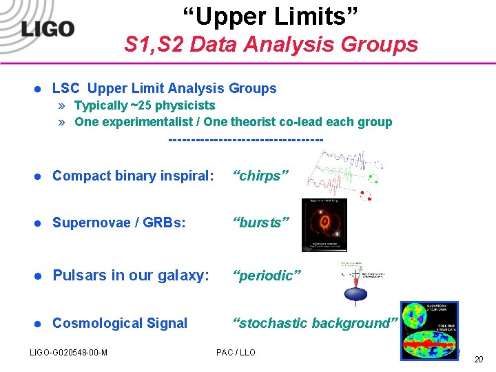 “Upper Limits” S 1, S 2 Data Analysis Groups l LSC Upper Limit Analysis