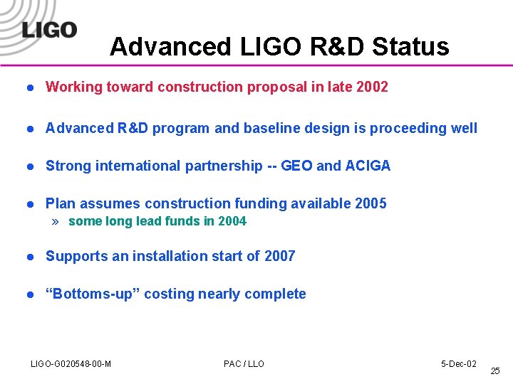 Advanced LIGO R&D Status l Working toward construction proposal in late 2002 l Advanced
